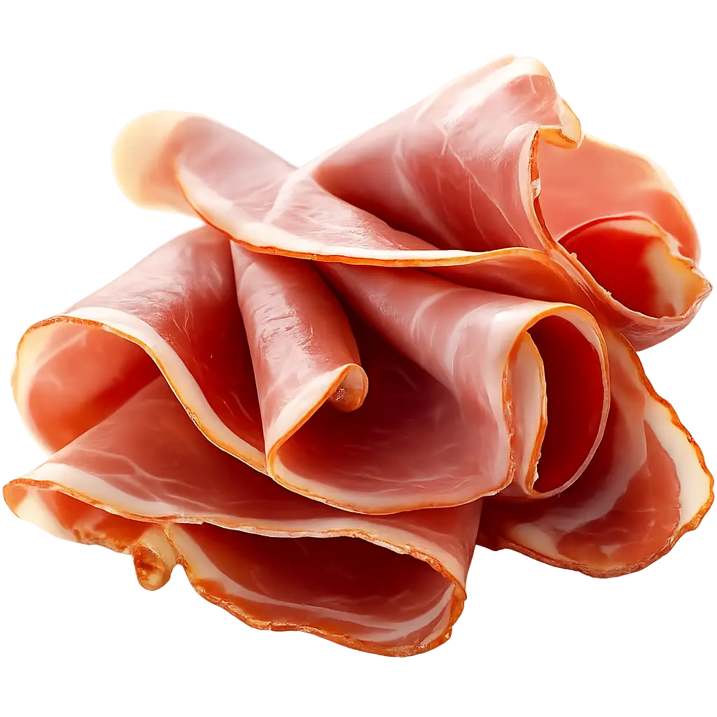 Delicate folded slices of San Daniele prosciutto crudo