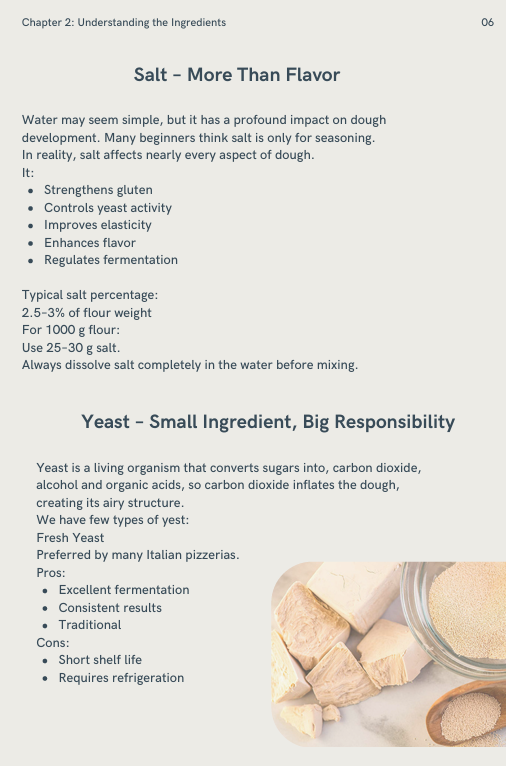 Real page from the guide: salt and yeast explained for Neapolitan dough