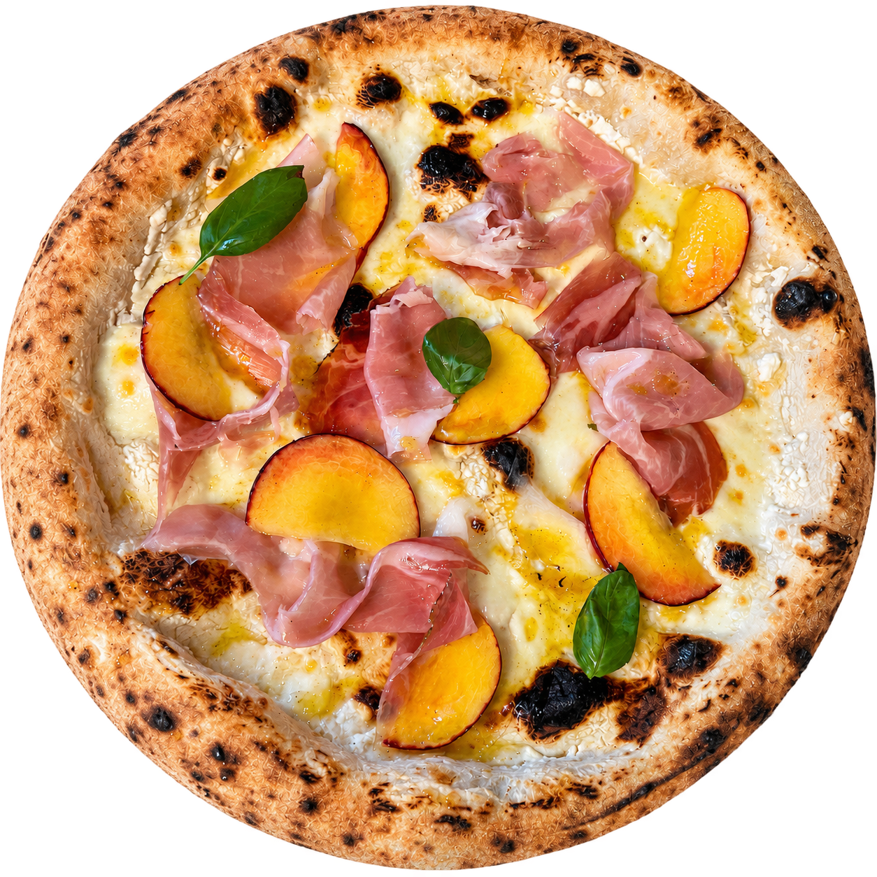 Neapolitan pizza with prosciutto, peaches, basil and ricotta