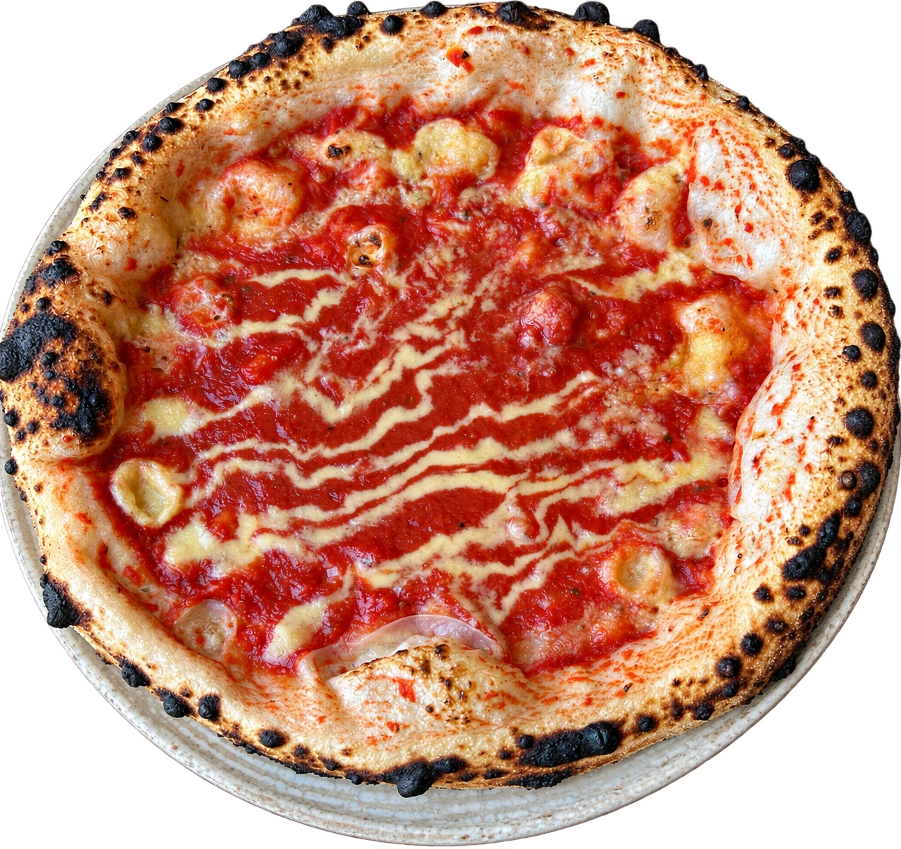 Garlic-San Marzano pizza with tomato base, garlic sauce swirls and charred crust