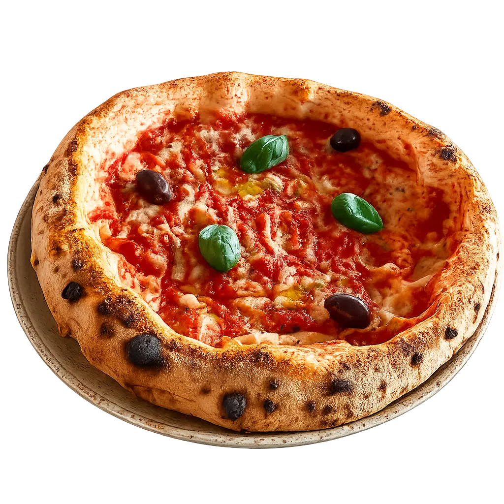 Authentic Neapolitan marinara pizza with basil and olives