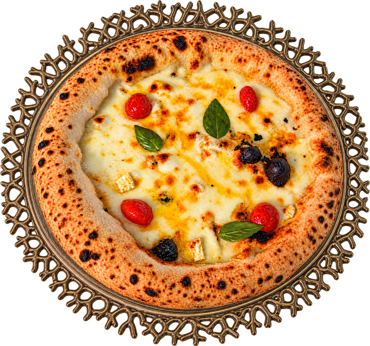 Robiola and Datterino pizza with red datterino cherry tomatoes, creamy robiola, ricotta-filled crust and fior di latte