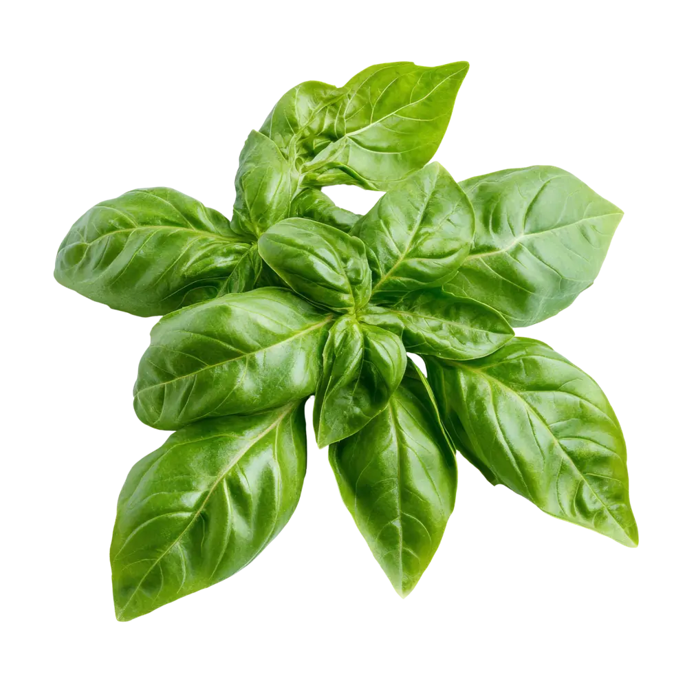 Fresh sweet basil leaves arranged in a rosette